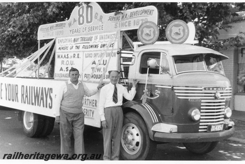 P15624
Railway Road Service Commer truck with a float for the Labor Day parade depicting 80 years of service of the union movement to the WAGR, side and front view, the Royal Crest can be seen on the side of the carriage
