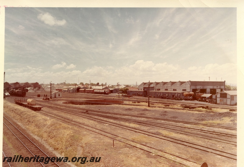 P15626
Loco depot, East Perth, overall view from the Summer Street bridge looking across the turntable towards the loco shed
