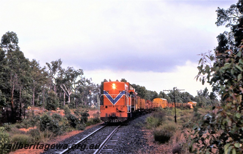 P15647
Dynamic braked A class 1513 heads a goods train near Manjimup, PP line, front on view of the loco
