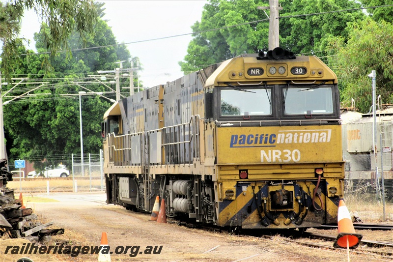 P15658
Pacific National NR class 30 departing the site of the Rail Transport Museum, Bassendean, side and front view.
