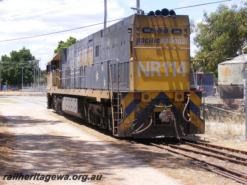 P15659
Pacific National NR class 114 departing the site of the Rail Transport Museum, Bassendean, side and end view.

