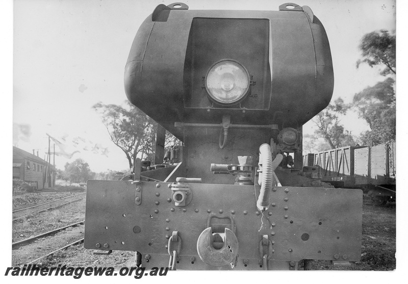 P15665
ASG class Garratt articulated steam locomotive, front on view, not the traversing jack on the footplate, M class 3720 coal box wagon in the background
