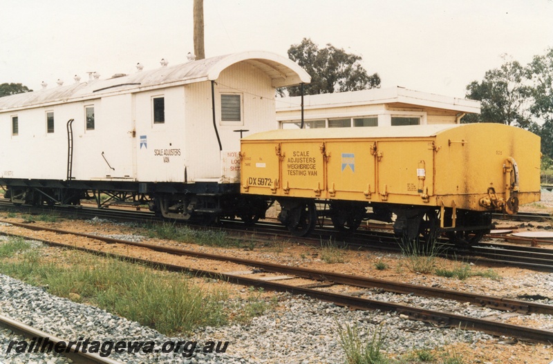 P15669
DX class 5972-W weighbridge testing van in yellow livery coupled to VS class 5077 scale adjusters van in white livery, Pinjarra, SWR line, side and end view
