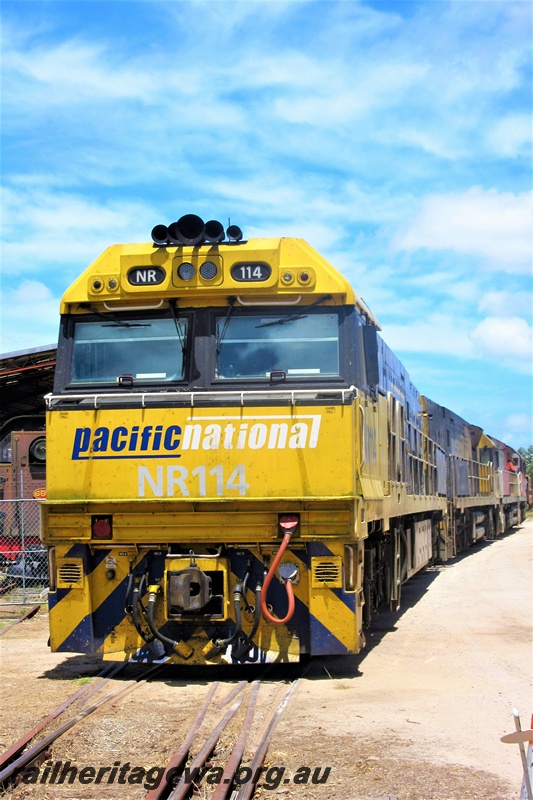 P15754
Pacific National NR class 114 departing the site of the Rail Transport Museum, Bassendean, mainly a front on view.
