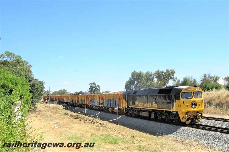 P15760
Watco Australia loco FL class 220 in the yellow and black livery on a ballast train, Hazelmere heading towards Midland.
