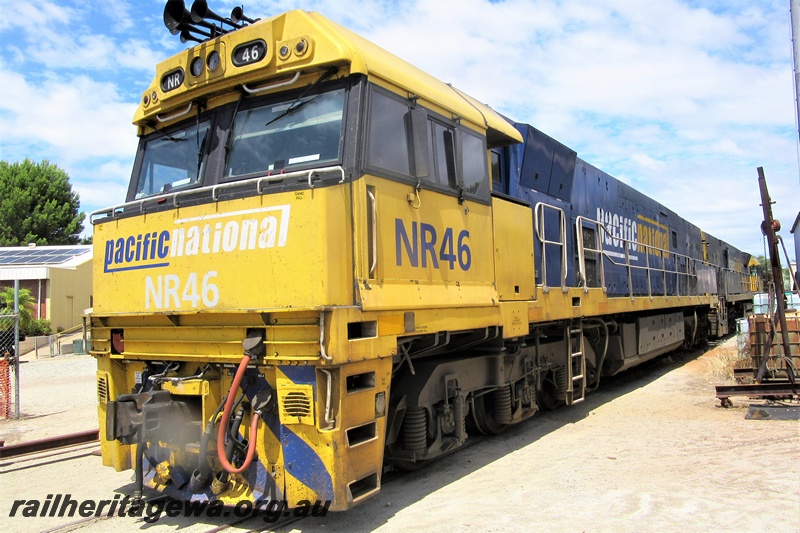 P15768
Pacific National NR class 46 being led through the site of the Rail Transport Museum heading for UGL's site, Bassendean, front and side view.
