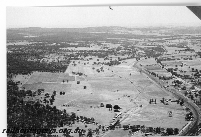 P15813
Station yard, Bakers Hill, aerial view looking eastwards. c1960s
