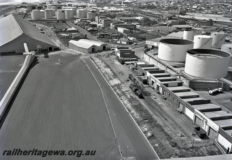 P15847
Tank wagons being filled at BP's facility, North Fremantle, elevated view from the grain silo, note the capstans in the yard. c1963
