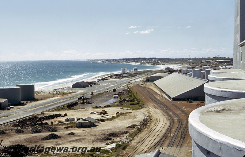 P15848
Oil tank filling facility, tracks servicing the grain silos, North Fremantle, elevated view looking north from the silo
