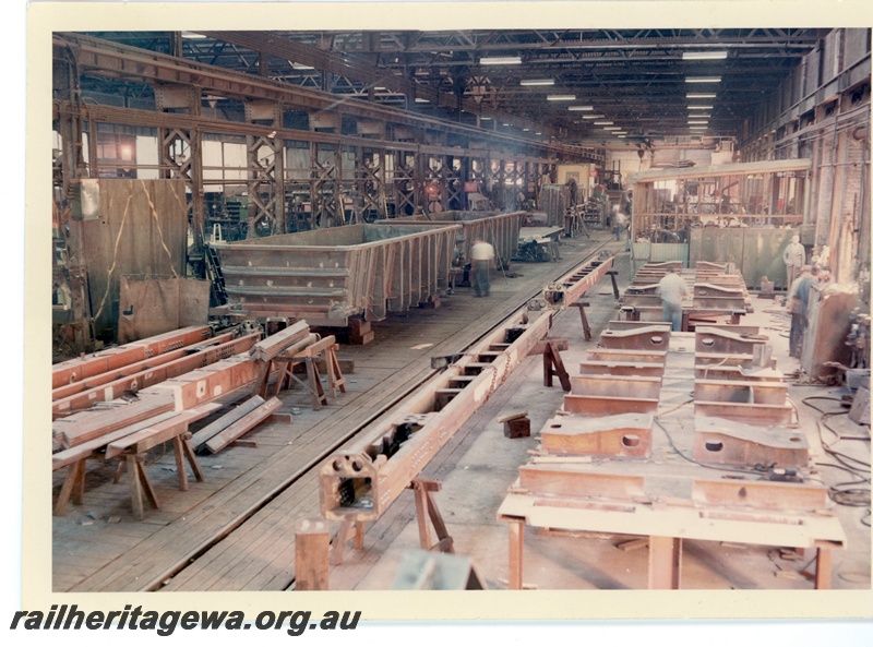 P15952
WO class iron ore wagons under construction, Boiler Shop North, Midland Workshops, colour version of P00822
