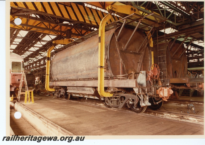 P15953
XE class wagons, under construction, overhead crane, Car Shop, inside Midland Workshops, side and end view
