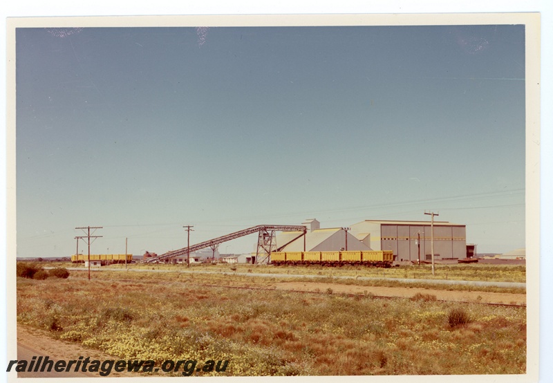 P15954
One rake of six QW class wagons, another rake of eight QW class wagons and van, unloading mineral sands, conveyor belt, storage sheds, water pipeline, distant view
