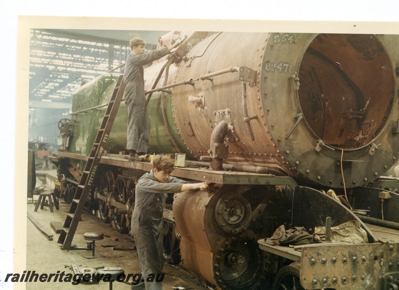 P15982
S class 545, undergoing a general overhaul, workers, Fitting Shop, Midland Workshops, front and side view
