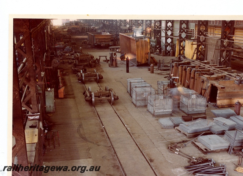 P15984
WO class iron ore wagons, Bogies, wagon bodies, derailment repairs', boiler Shop South, Midland Workshops, view from elevated position
