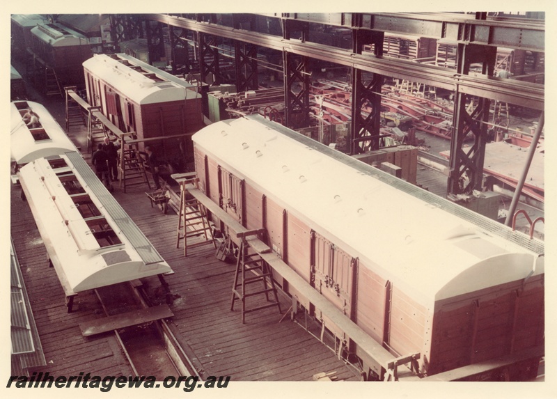 P16044
RCH class wheat wagons, under construction, Car Shop, Midland Workshops, overview from elevated position
