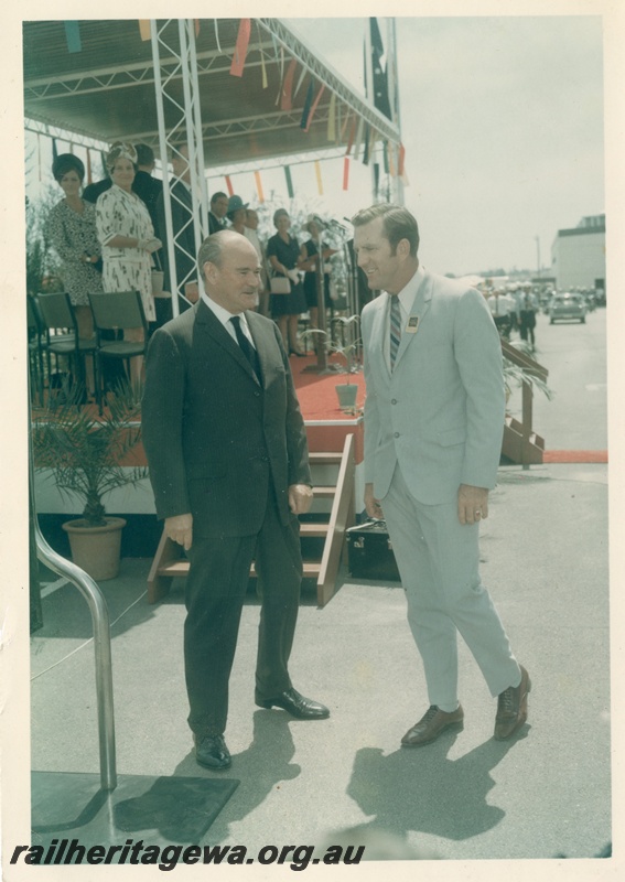 P16062
Then Governor-General, Sir Paul Hasluck, with Minister for Railways Ray O'Conner at Perth Terminal following the official ceremony of the arrival of the inaugural Indian Pacific.
