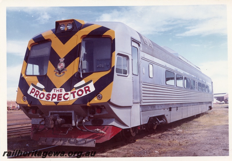 P16068
A Prospector standard gauge railcar with the 'zebra' stripe frontage to make the vehicle visible at level crossings.
