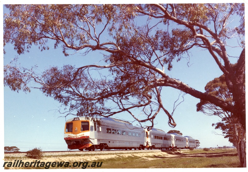 P16070
Four car Prospector pictured on the standard gauge railway between Meckering and Cunderdin.
