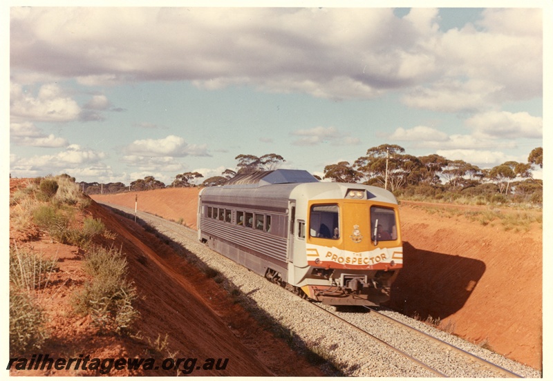 P16074
A single Prospector railcar pictured travelling through a cutting in the Eastern Goldfields.
