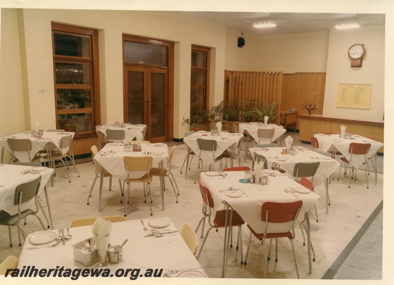 P16076
A view of the dining room at Perth Station with the tables set for a meal.
