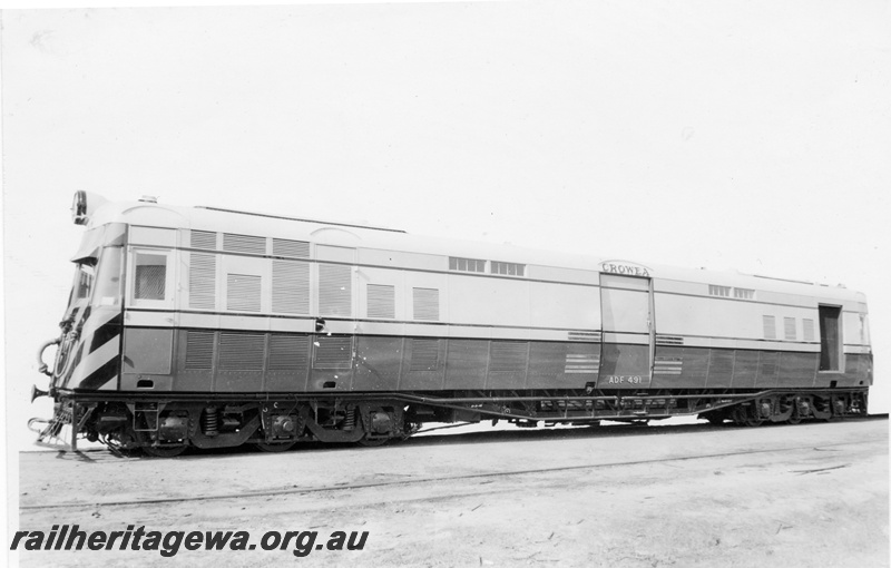 P16092
ADF class diesel electric 491power/baggage van 'Crowea' pictured with a zebra striped front. These units were used on country passenger services.
