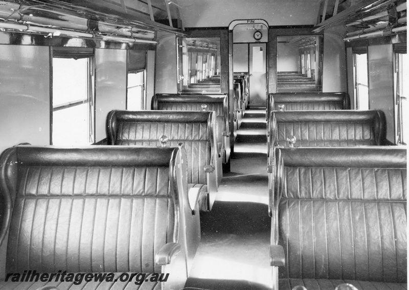 P16103
Interior view of an AYU class railcar trailer in use with the Wildflower class power/baggage van.
