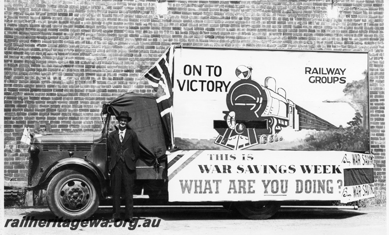 P16109
A promotional truck with flagging and banner advising the public to purchase war bonds.
