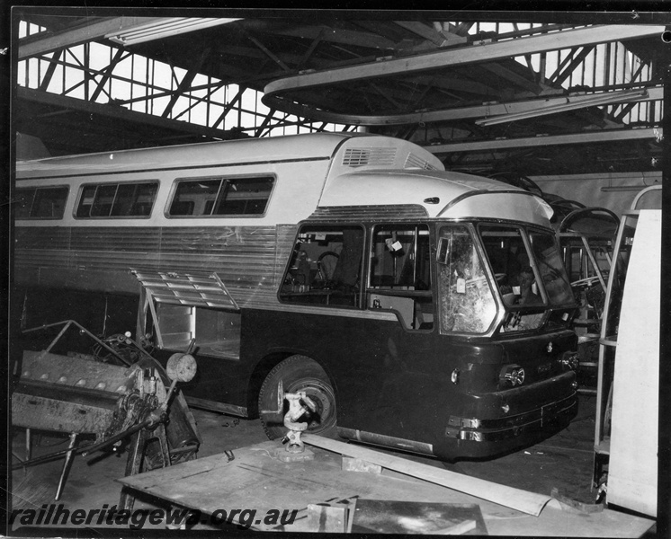 P16113
2 of 3. Guy Scenicruiser road coach being serviced at Kensington Street Railway Road Service depot at East Perth.
