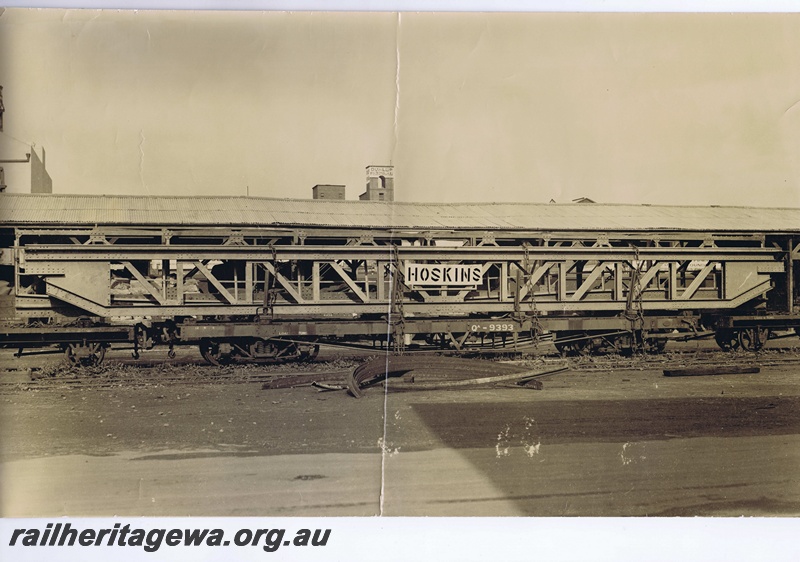 P16119
QA class 9393 bogie flat wagon with an over length girder type structure with the name 