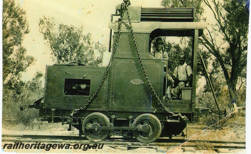 P16136
WAGR PM 0-4-0 loco No. 23, built by Charles Price & Sons, Cheshire, England, entered service in June 1912, written Off 17th April, 1947, side view with crew in cab
