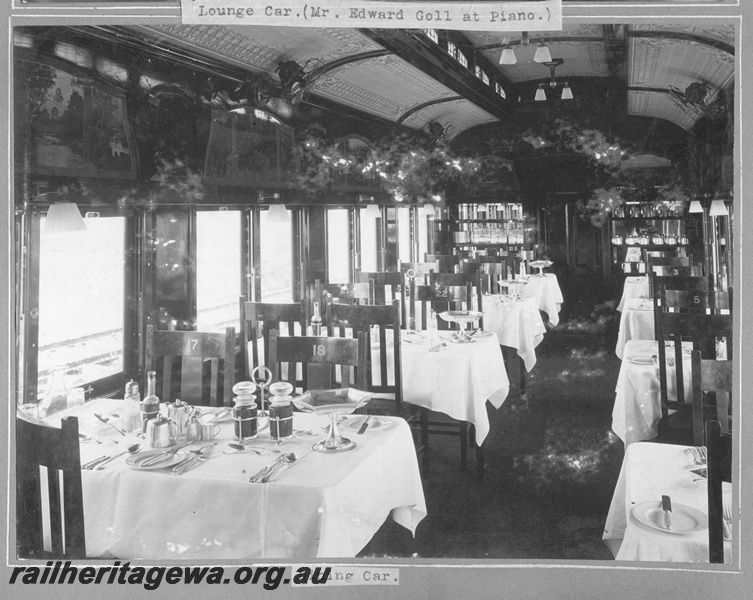 P16160
Commonwealth Railways (CR) dining car, showing tables set for a meal, interior view 
