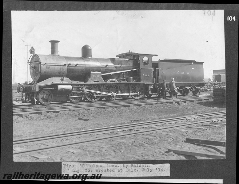 P16171
Commonwealth Railways (CR) G class 6, first G class erected at Kalgoorlie, TAR line, front and side view
