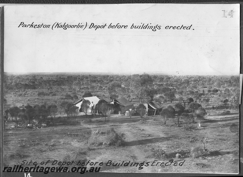 P16176
Commonwealth Railways (CR), three tents and worker amongst the scrub, site of Parkeston depot before any buildings erected, Kalgoorlie, TAR line, c1913
