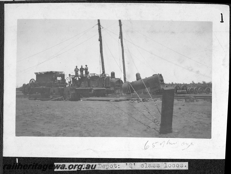 P16180
Commonwealth Railways (CR), parts for Q class steam locos, later reclassified D class, awaiting assembly, workers, Kalgoorlie depot, TAR line, c1913
