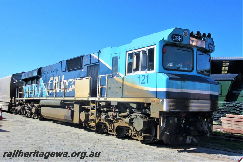 P16191
CBH Group standard gauge loco, CBH class 121 traversing the Rail Transport Museum site en route to UGL, side and front view.
