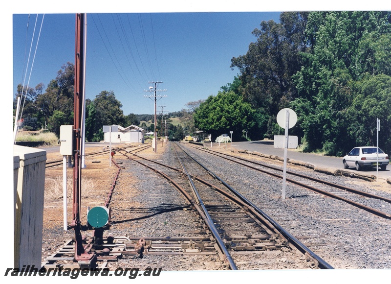 P16233
Station yard, goods shed, sidings, pointwork, rodding, main line, platform, Bridgetown, PP line
