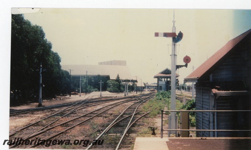 P16235
Signal box, signals, pointwork, edge of platform, Perth Entertainment Centre, Perth city station, view looking west
