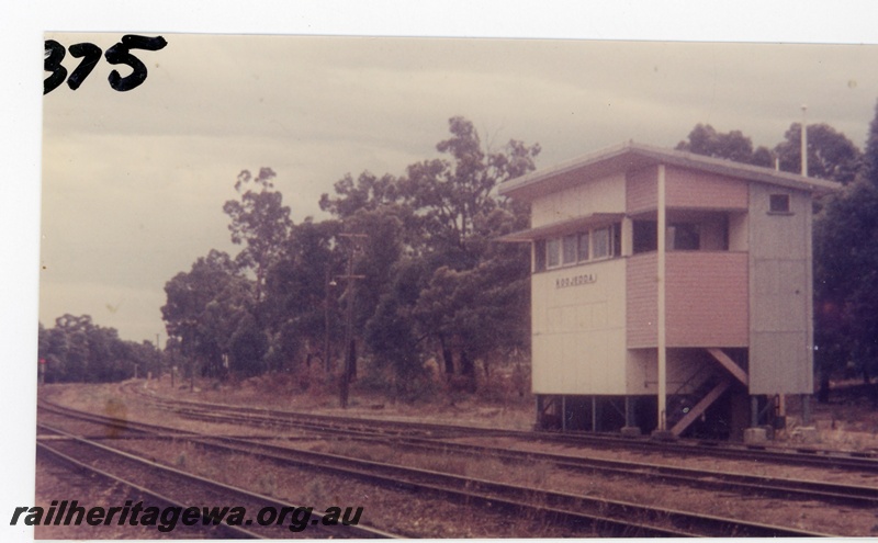P16245
Signal box, Koojedda, ER line, later removed to Kwinana, track level view
