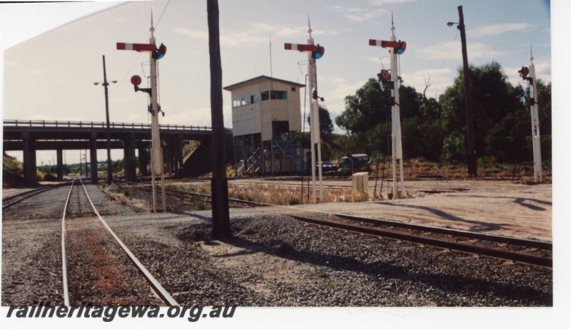 P16248
Semaphore signals, overhead bridge, signal box, Kwinana
