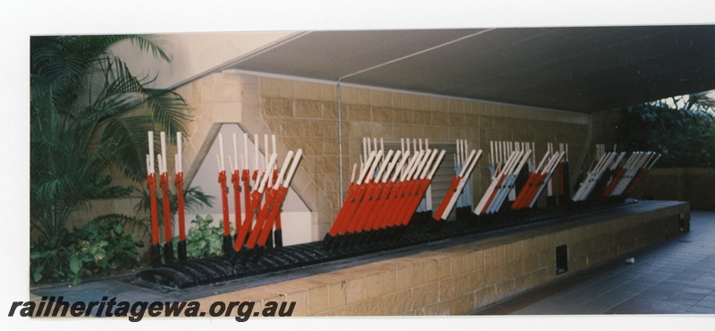 P16252
Frame and levers from old signal Box C Perth, cemented into base of carpark over station, Perth city station 
