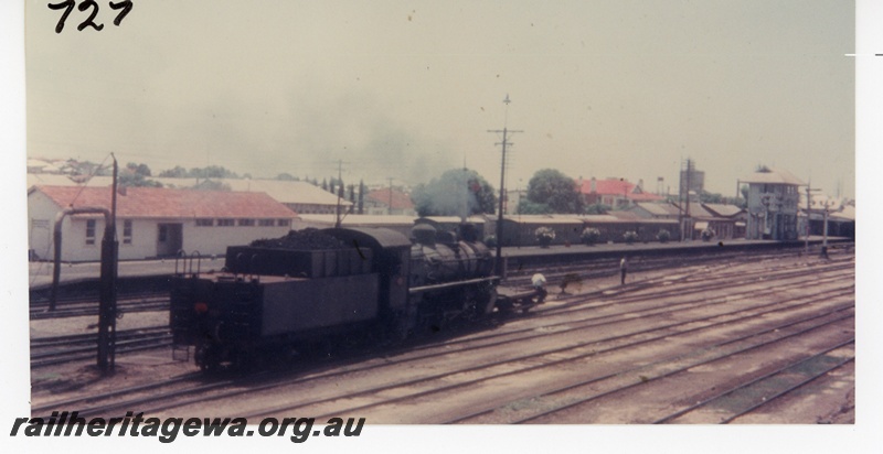 P16255
PMR class loco, shunters float, shunter, water column, station building, platform, rake of carriages, signal box, bracket signal, Northam, ER line
