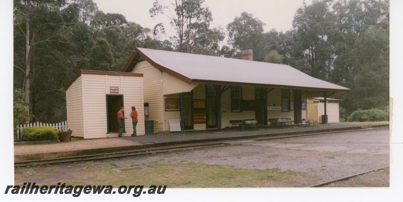 P16269
Station buildings, platform, Pemberton, PP line, track level view
