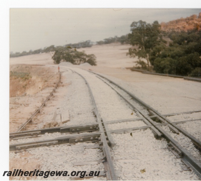 P16272
Clackline - Toodyay narrow gauge line crossing the dual gauge line at Lloyds Crossing east of Toodyay. Only one dual gauge track has been laid in this scene. The narrow gauge line has right of way as depicted by the slip point on the dual gauge common rail.
