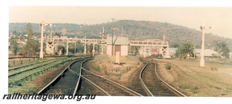 P16305
Bellevue Station and yard, looking east, with line to Northam and Koongamia (M line) on the left. The line on the right is for trains from both Northam and Koongamia. Further to the left is the freight lines for trains arriving and leaving Midland Yards.
