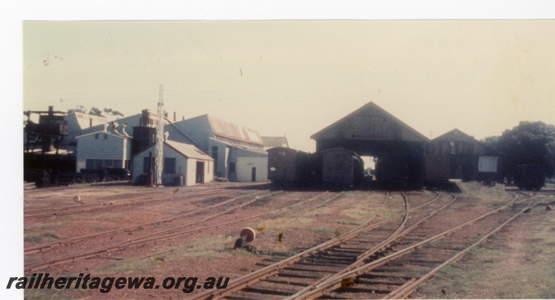 P16308
MRWA yard, passenger cars, points, sidings, buildings including carriage shed, Midland Junction
