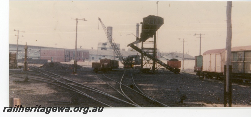 P16326
Wagons, vans, coaling stage, coal shute, crane, points, sidings, temporary steam depot, East Perth, ER line
