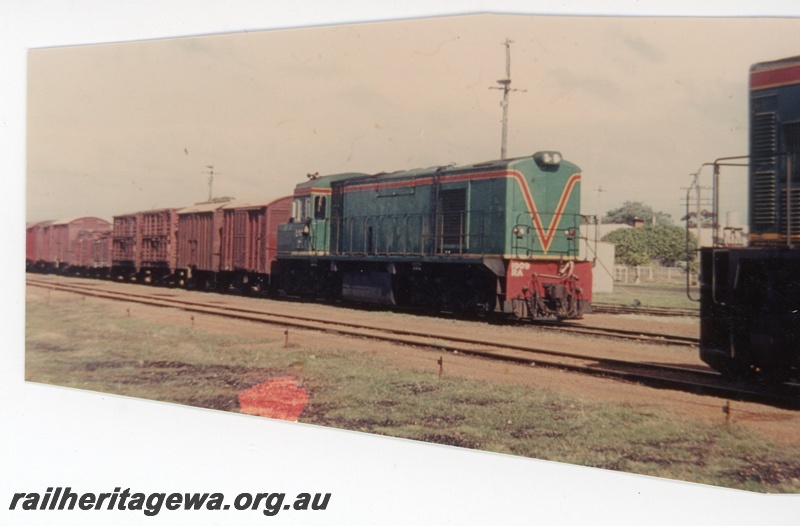 P16345
RA class 1909, in green with red and yellow stripe livery, on goods train comprising vans and wagons, crossing another diesel loco in same colour scheme, side and front view
