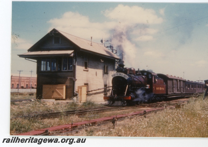 P16361
MRWA C class 18, on ARHS train, signal box B, signals, spectators, Midland Junction, ER line
