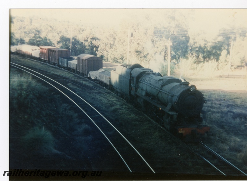 P16369
V class 1212, on goods train comprising vans and wagons including ex MRWA wagon, rural setting, side and front view, near Swan View, ER line
