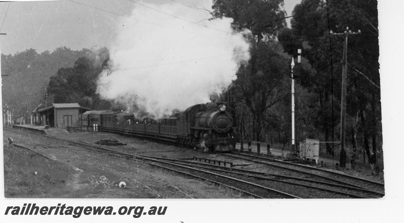 P16400
P class loco, on passenger train, platform, station building, signal, Parkerville, ER line
